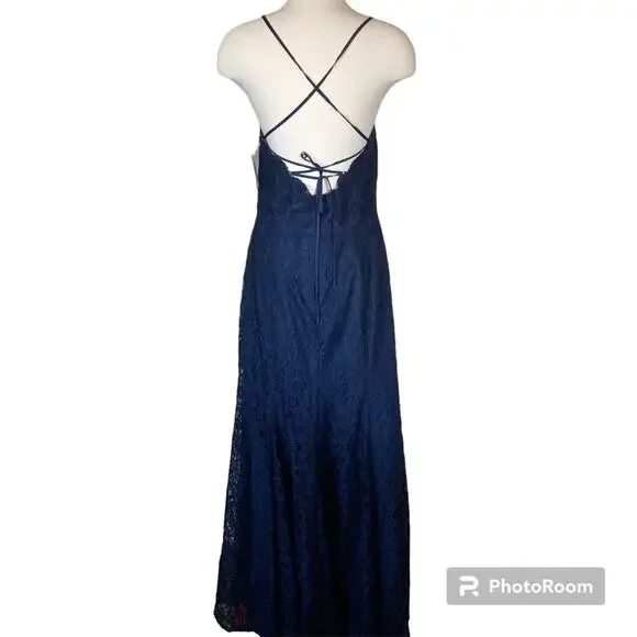 Dessy Collection NWT Halter Cross Back Lace Trumpet Midnight Dress Size 14 - Picture 4 of 8